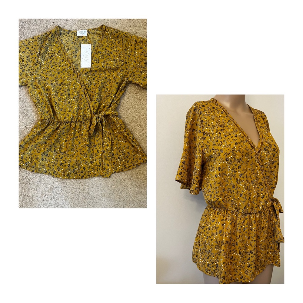 ❤️SOLD❤️ Sienna Sky Mustard Floral Wrap Blouse